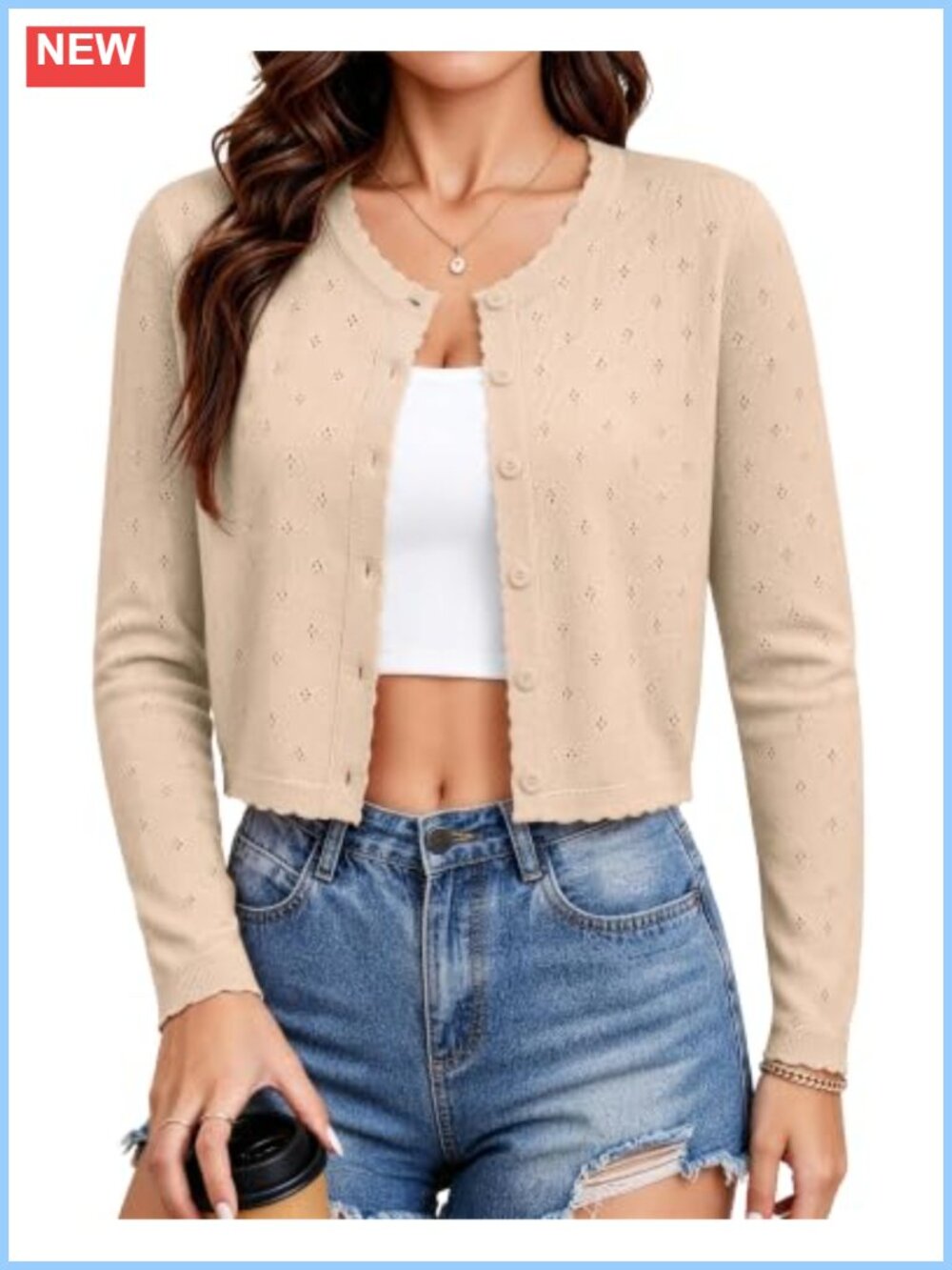 Womens Lightweight Pointelle Knit Cardigan Button Down Shrug